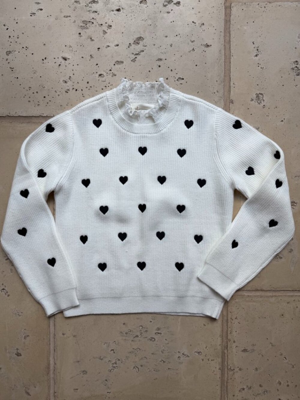 Anthropologie Ruffled Collar Heart Sweater in Classic Black and White - Picture 4 of 13